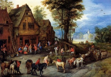 古典的 Painting - ブリューゲル・ヤン 宿屋に到着する聖家族と村の通り ロココ